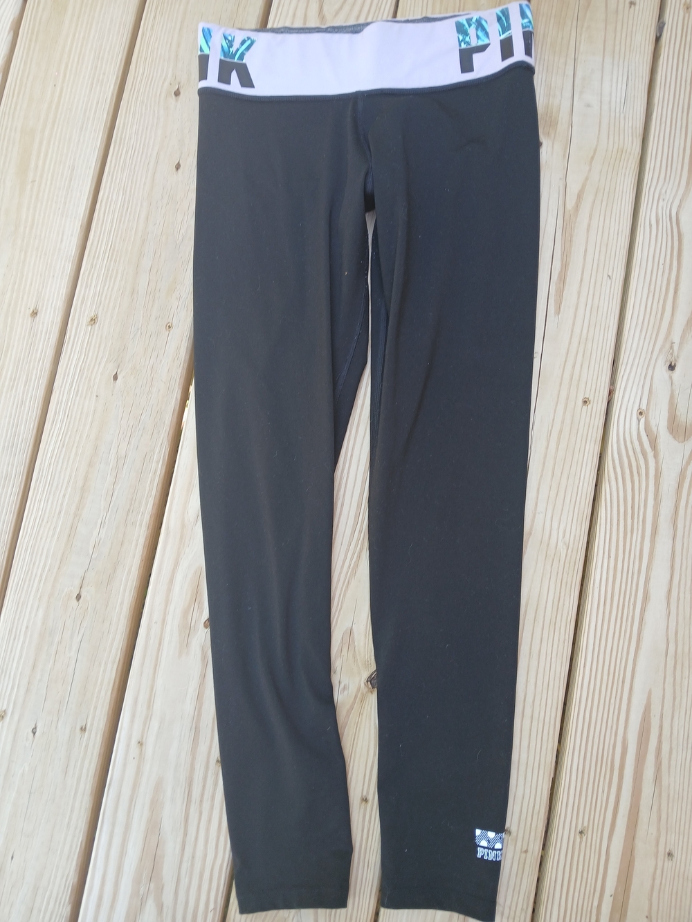 PINK Victoria's Secret Black Leggings with White Floral Waistband